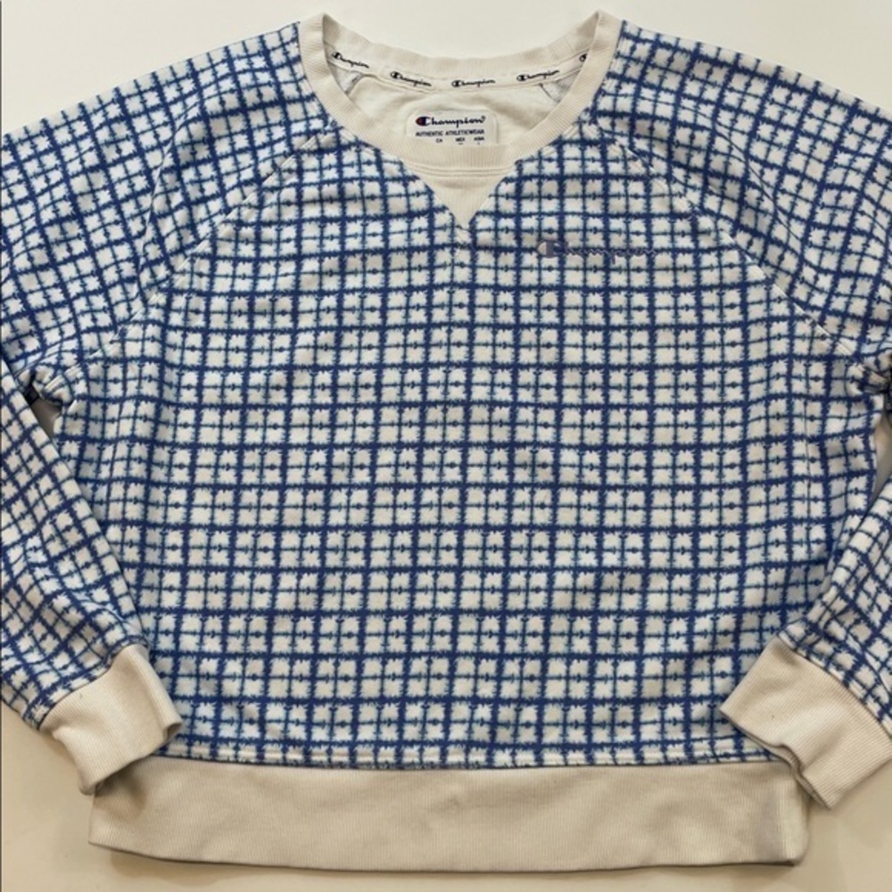 Champion Blue White Grid Pattern Crewneck Sweatshirt Women’s Sz M